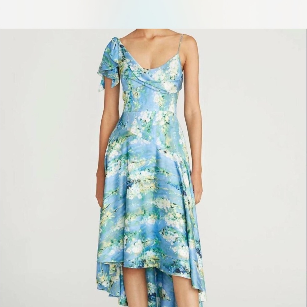 Theia One Shoulder Floral Dress in Blue and Green